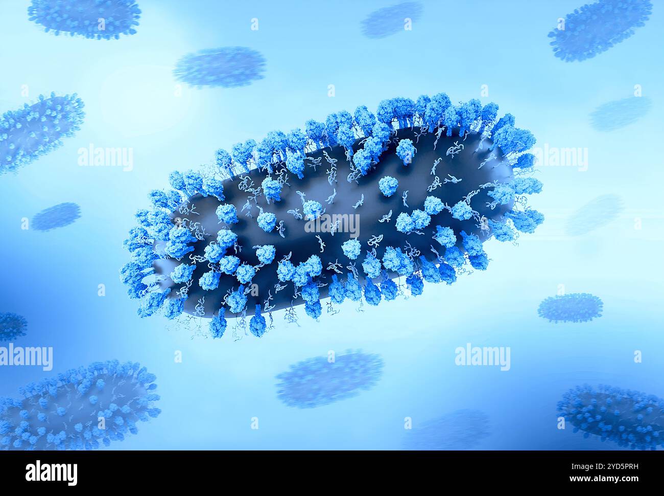 Kreatives Layout mit 3D-Renderings des Respiratory Syncytial Virus (RSV), eines häufigen ansteckenden Virus, das die menschlichen Atemwege infiziert. Stockfoto
