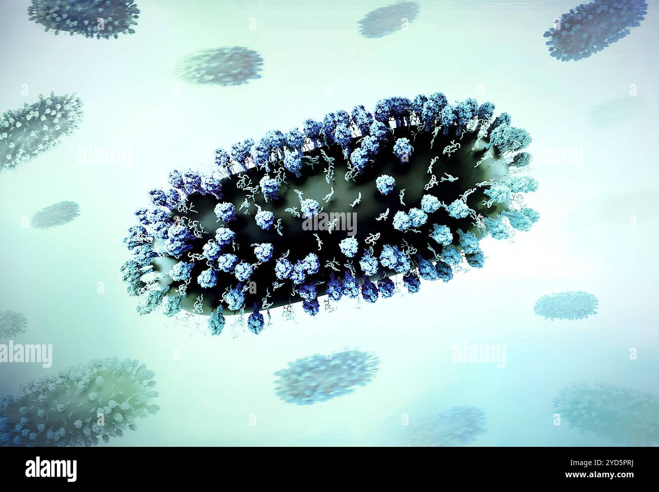 Kreatives Layout mit 3D-Renderings des Respiratory Syncytial Virus (RSV), eines häufigen ansteckenden Virus, das die menschlichen Atemwege infiziert. Stockfoto