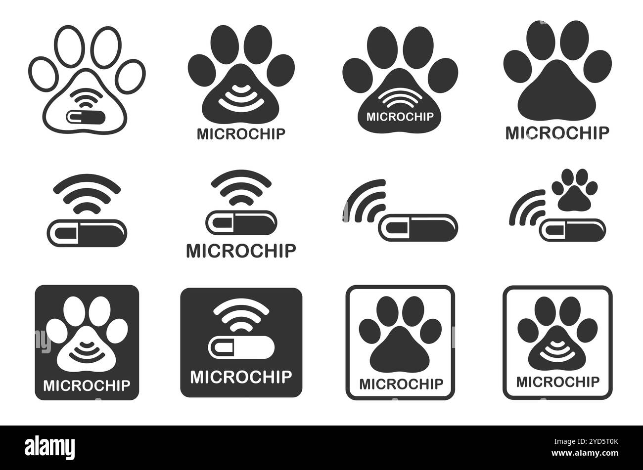 Symbol für Hund-Mikrochip. Mikrochip für Hunde, Katzen und andere Tiere. Mikrochipping für Haustiere, permanente Identifizierung, ID, RFID-Technologie. Vektorillu Stock Vektor