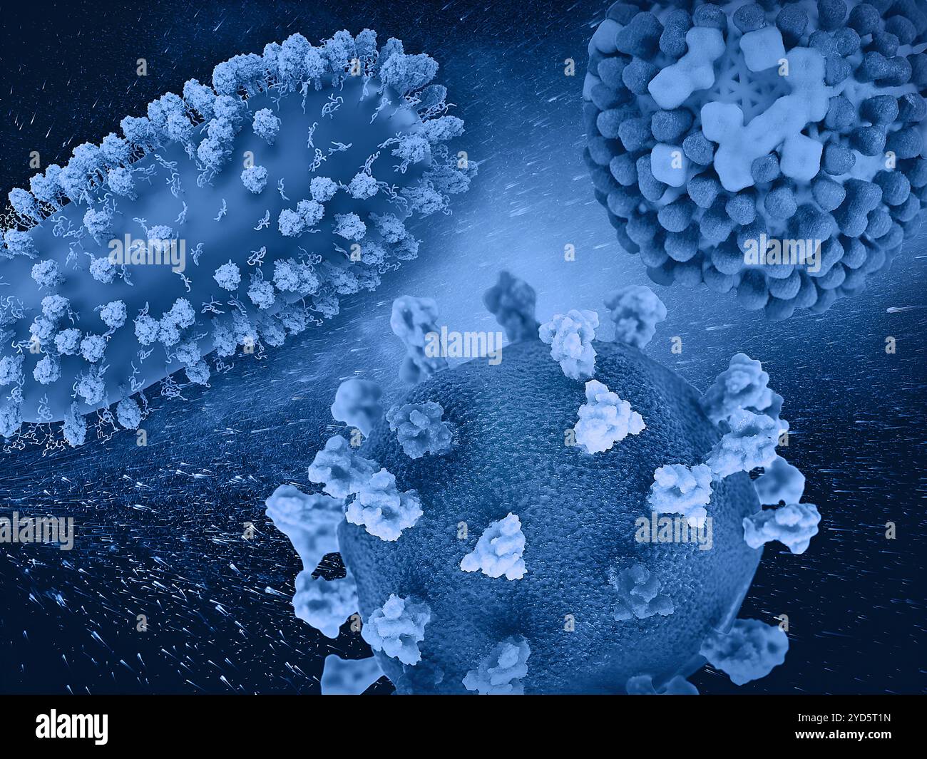 Kreative Arbeit mit 3D-Darstellungen von drei gefährlichen Atemwegsviren: RSV (oben links), SARS-CoV-2 (unten Mitte) und Grippe (oben rechts). Stockfoto