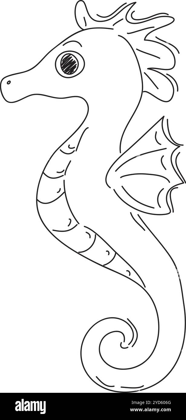Seepferdchen Seitenansicht, handgezeichnet mit schwarzem Pinsel auf weißem Hintergrund Stock Vektor