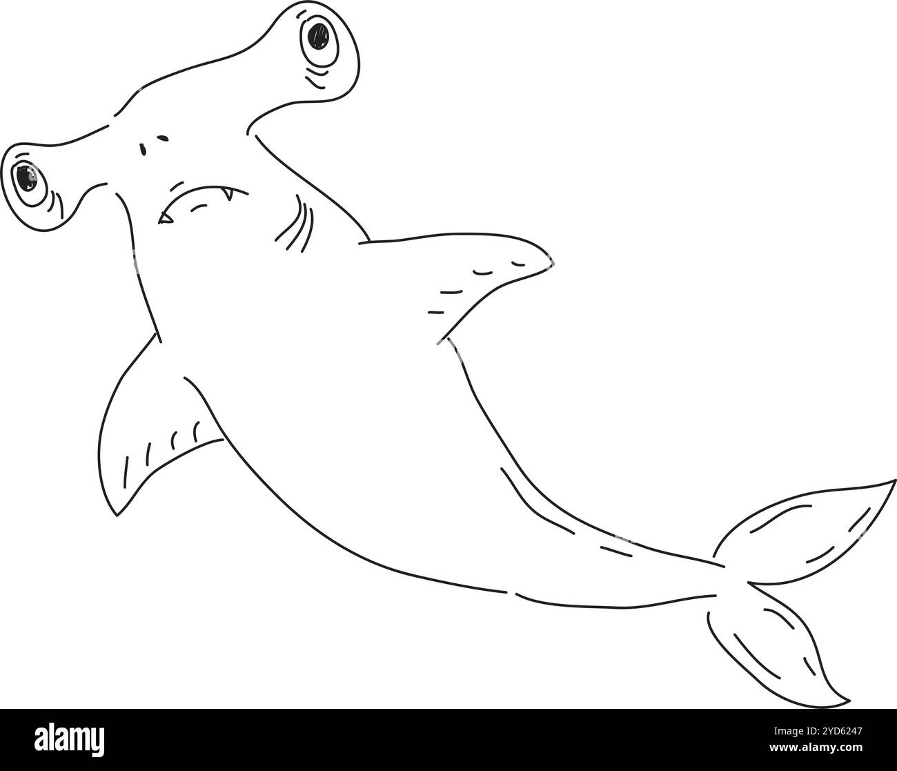 Überraschte Hammerhai-Fisch-Unteransicht, handgezeichnet mit schwarzem Pinsel auf weißem Hintergrund Stock Vektor