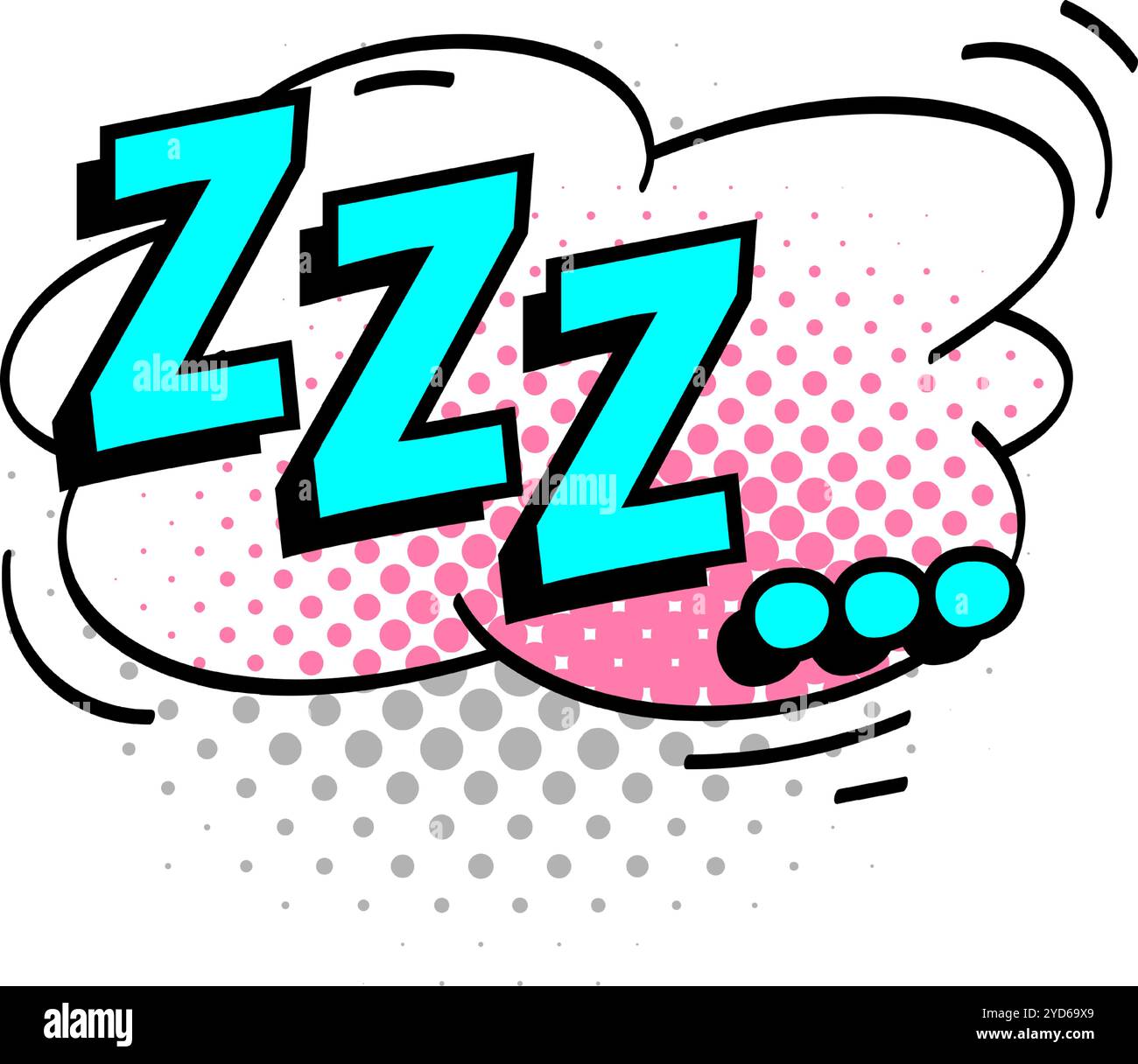 Schlafender Soundeffekt im Comic-Pop-Art-Stil mit drei Z-Buchstaben und einer Sprechblase mit rosa und grauen Rasterpunkten, die Schläfrigkeit, Ruhe und darstellen Stock Vektor