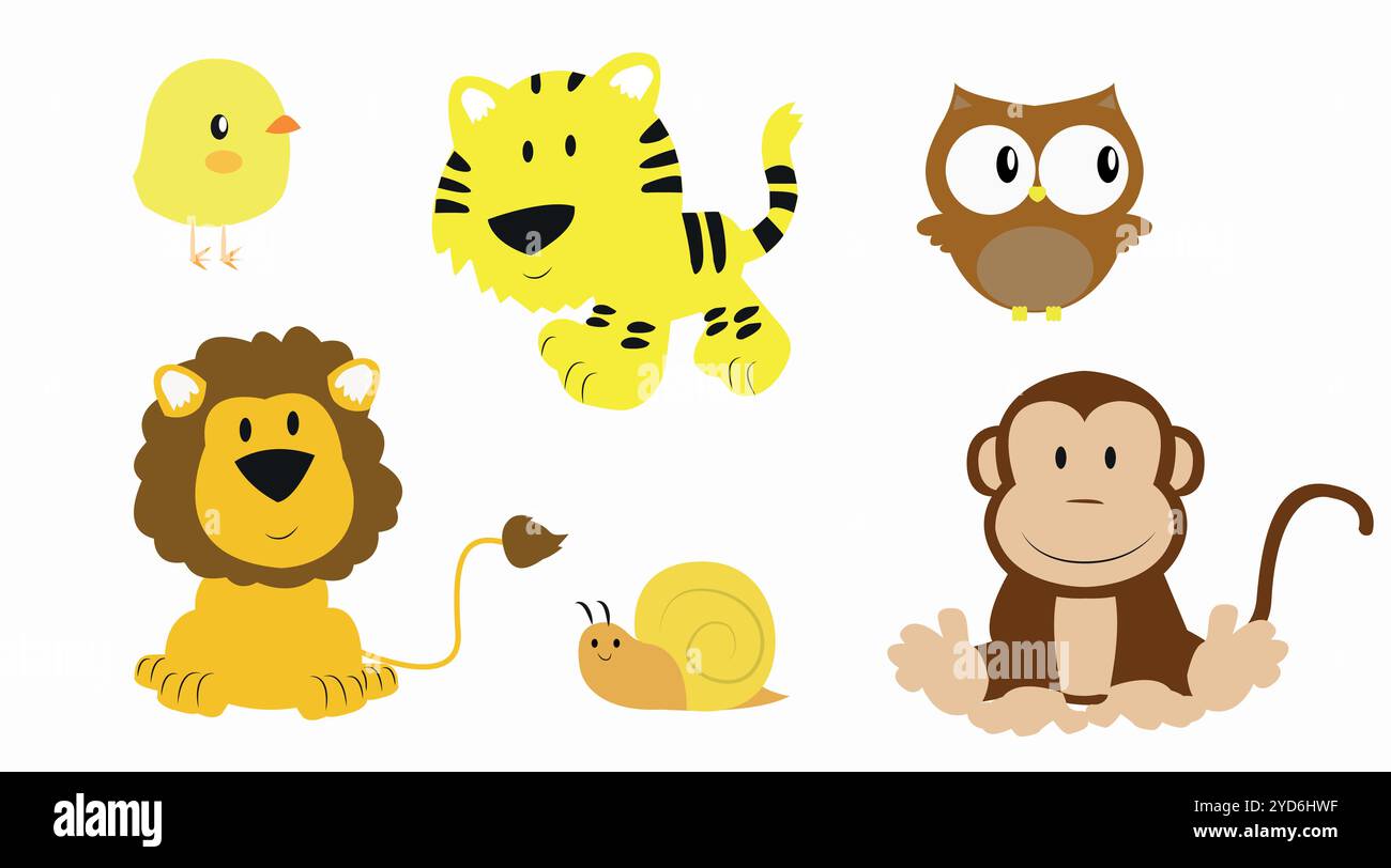Kindliche, flache Tiere. Vektor-flache bearbeitbare Illustrationen mit einem Löwen, einem Tiger, einem Affen, einer Schnecke, einem Huhn und einer Eule. Stock Vektor