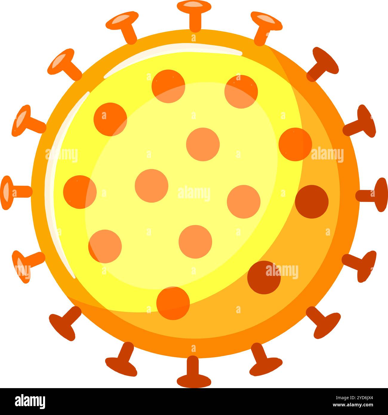 Abbildung von Coronavirus-Partikeln mit orangefarbenen Spitzen und gelbem Kern, der das für die covid-19-Pandemie verantwortliche Virus darstellt Stock Vektor
