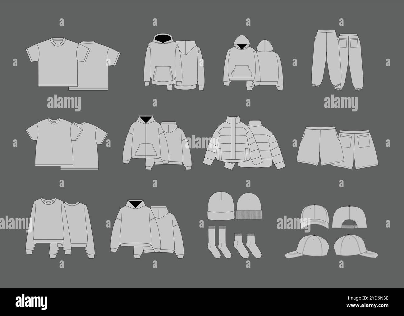 Streetwear Mockup Pack Template Bundle – editierbare Vektoren für Bekleidungsdesigner – Sammlung verschiedener Kleidungsstücke, darunter T-Shirts und Hoodies Stock Vektor
