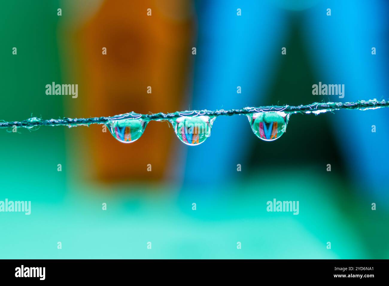 Dieses Makrofoto erfasst Wassertropfen auf einem dünnen Strang oder Draht vor einem unscharfen grünen und blauen Hintergrund. Stockfoto