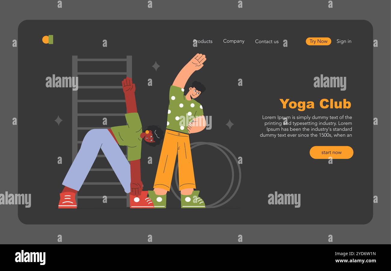 Eine lebendige Yoga-Club-Szene mit einzigartigen Personen, die mit Begeisterung verschiedene Yoga-Techniken üben Stock Vektor