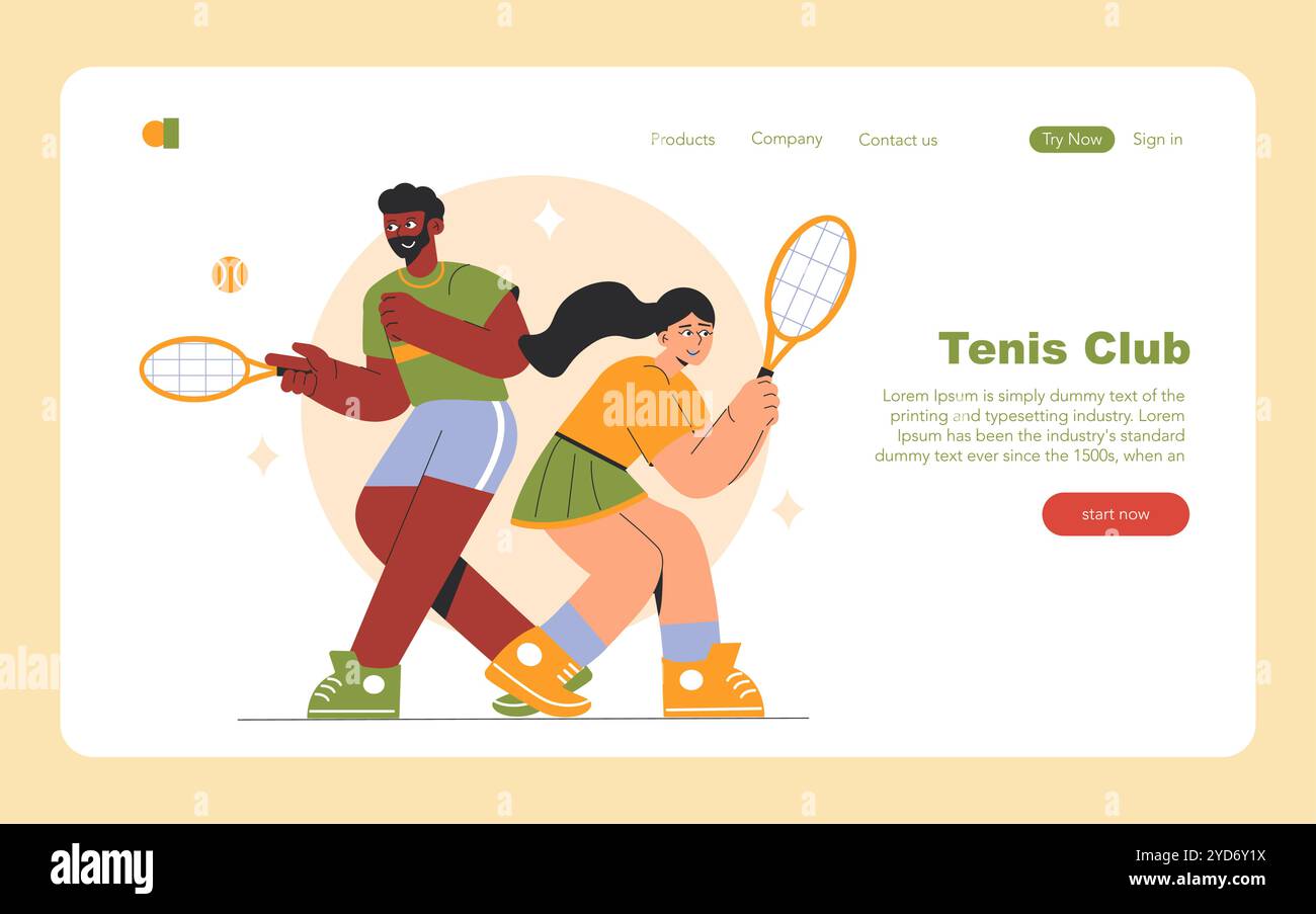 Eine lebendige Illustration eines Tennisclubs mit verschiedenen Spielern, die alle bereit sind, zu dienen, zu konkurrieren und sich zu übertreffen Stock Vektor