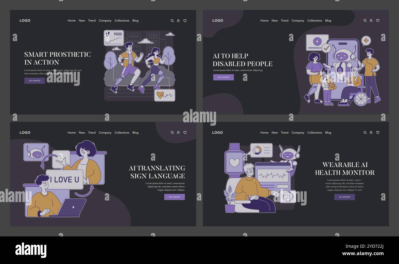 Unterstützende Technologie. KI-Lösungen zur Stärkung der Unabhängigkeit behinderter Menschen. Intelligente Prothetik, KI-Übersetzung und Gesundheitsüberwachung. Vektorabbildung. Stock Vektor