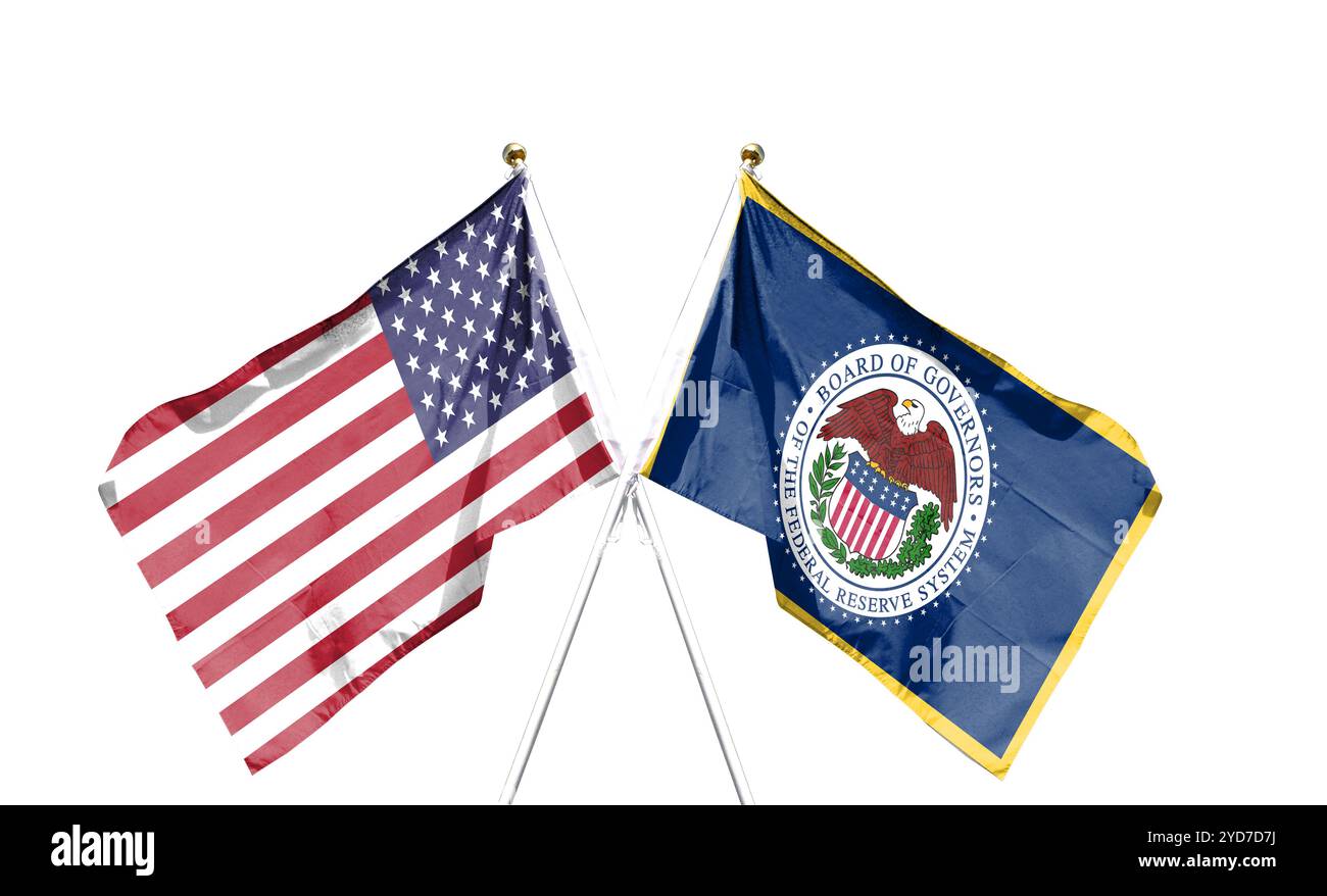Twin Flags USA und Federal Reserve System, Fed schwenkt Flaggen mit strukturiertem Hintergrund Stockfoto