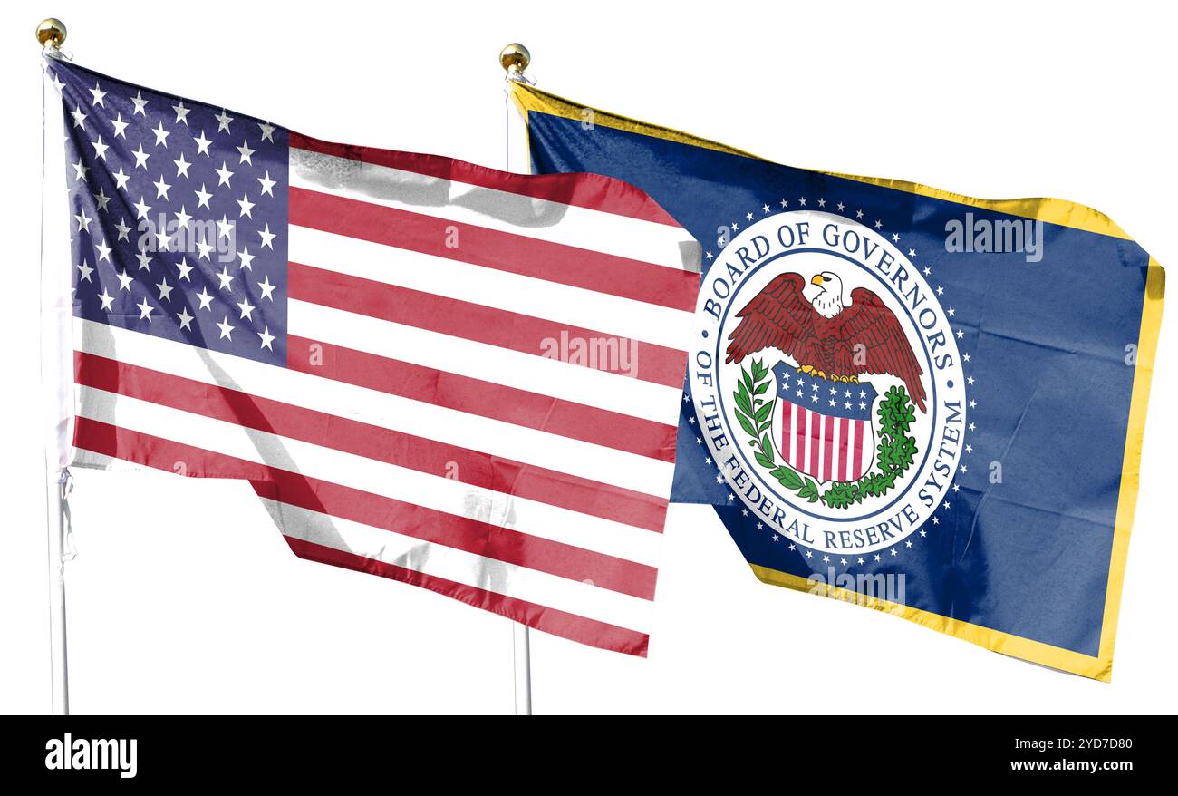 Twin Flags USA und Federal Reserve System, Fed schwenkt Flaggen mit strukturiertem Hintergrund Stockfoto