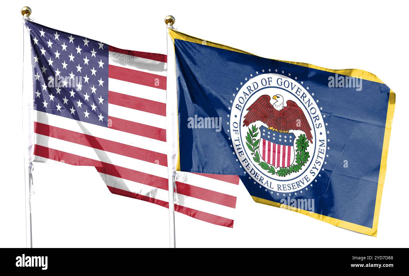 Twin Flags USA und Federal Reserve System, Fed schwenkt Flaggen mit strukturiertem Hintergrund Stockfoto