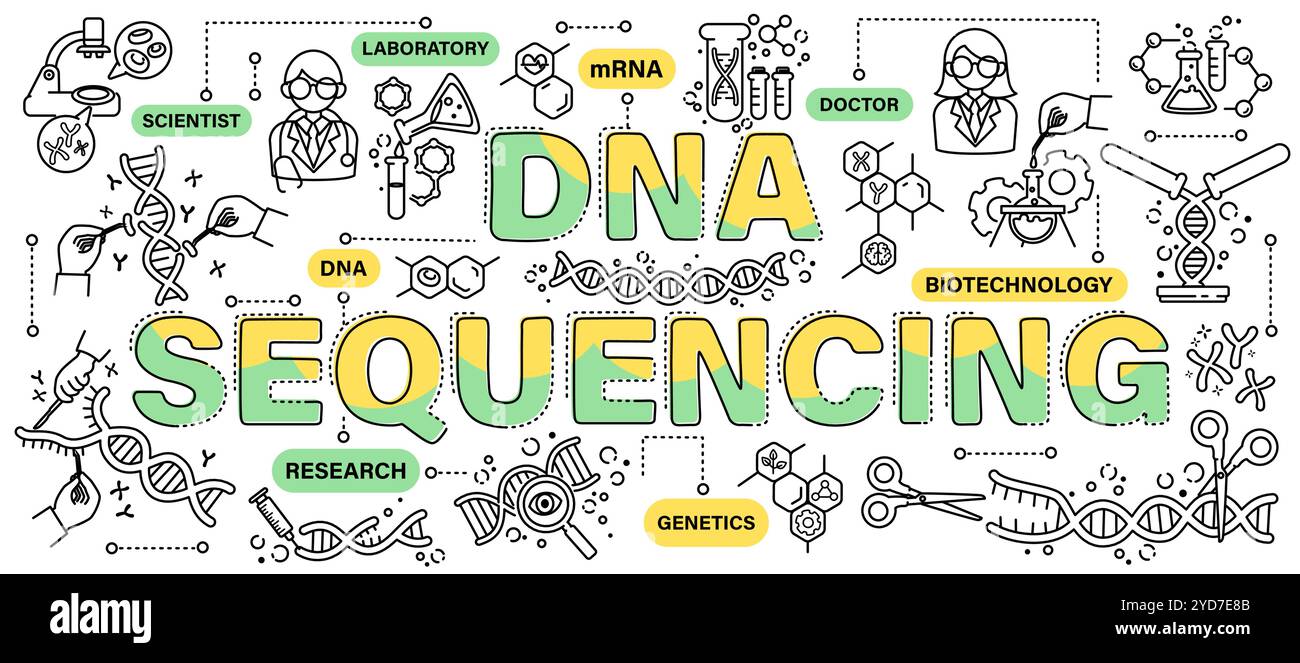 DNA-Sequenzierung. Biotechnologie und Gentechnik. Wort mit Linie Symbol Art Bannerstil . Editierbarer Schlaganfall. Vektor . Stock Vektor