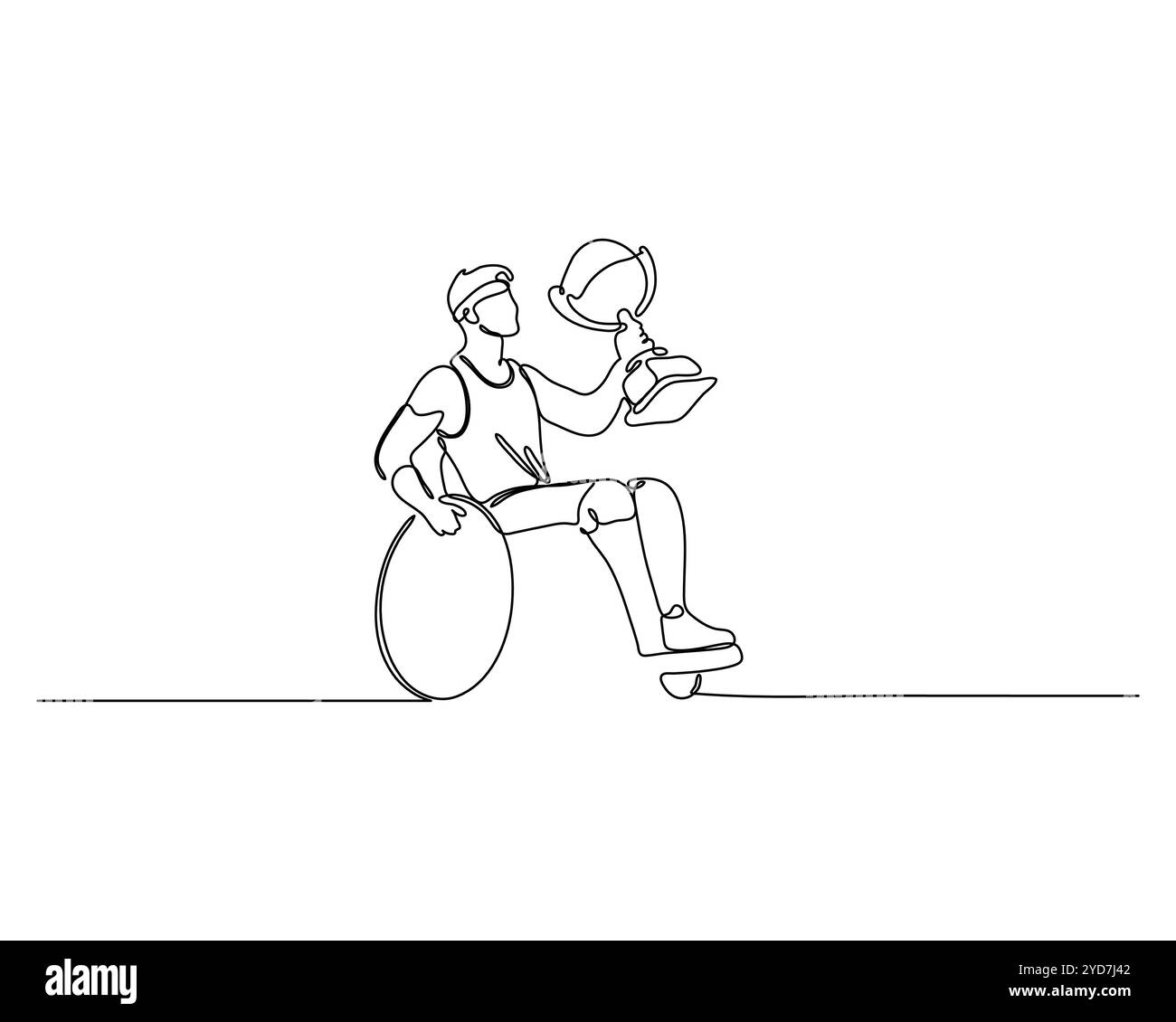 Durchgehende Linienzeichnung eines behinderten Athleten auf einem Rollstuhl, der eine Tasse hält. Illustration des Konzepts „Sieg im Sportwettbewerb“ Stock Vektor