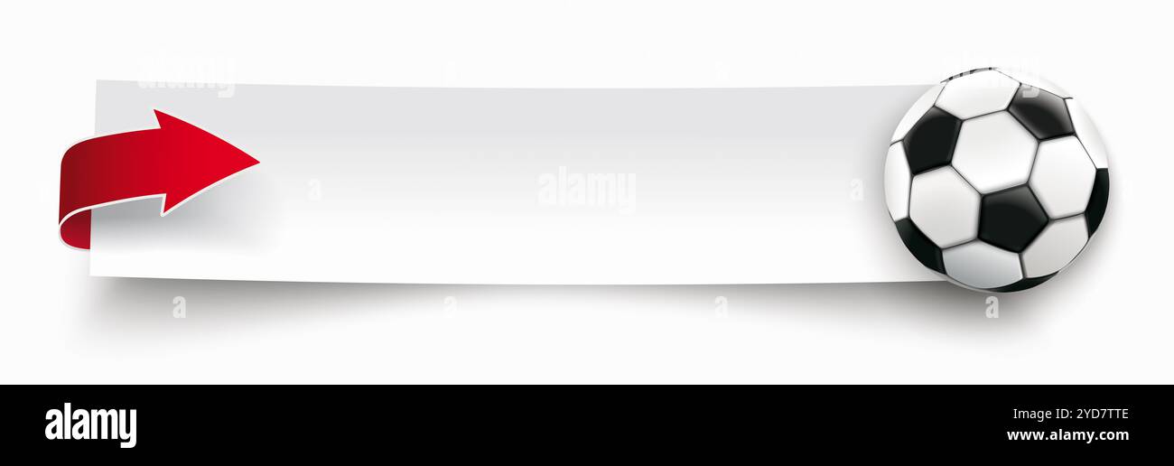 Weißer Papieraufkleber mit rotem Pfeil und klassischem Fußball. EPS 10-Vektordatei. Stockfoto