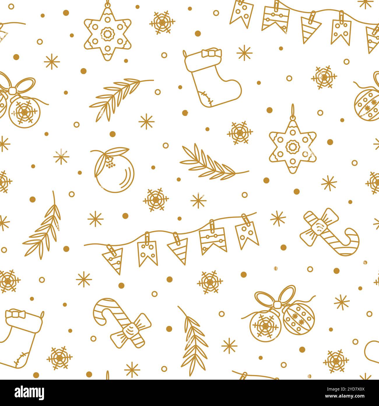 Farbenfrohes, nahtloses Weihnachtsmuster mit Neujahrsdekor. Ein Muster aus goldenen flachen Vektorsymbolen auf weißem Hintergrund. Elegantes Muster für Verpackungen, mit Stock Vektor