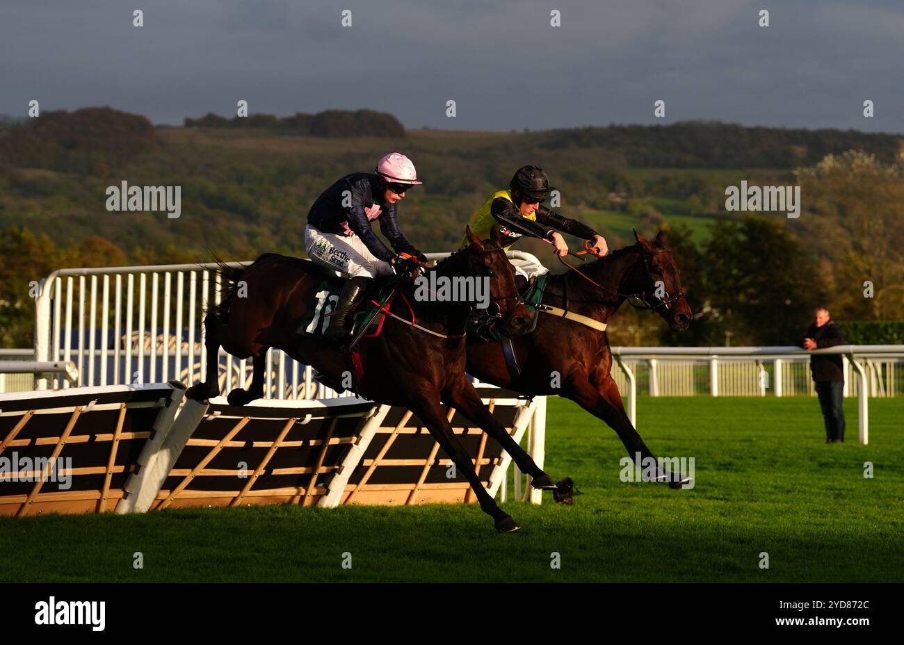 Impero wurde von Danny Gilligan (Nearside) auf dem Weg zum Sieg der Abu Dhabi Digital Markets Conditional Jockeys' Handicap Hürde während des ersten Tages des Showcase auf der Cheltenham Racecourse gefahren. Bilddatum: Freitag, 25. Oktober 2024. Stockfoto