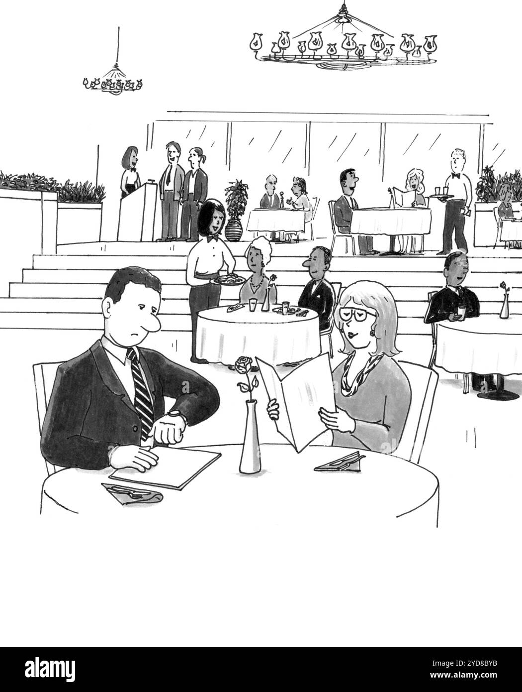 Ein Mann schaut auf seine Uhr, während er an einem Tisch in einem Restaurant sitzt, mit einer grauen Illustration einer Frau. Erwachsene in einem netten Restaurant mit einem Mann vorne Stockfoto