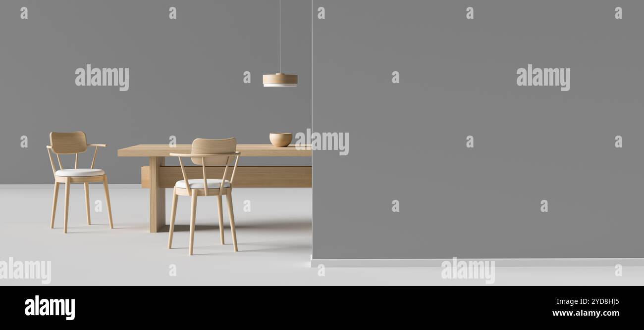 Minimalistischer Speisesaal mit Holzstühlen und Holztisch. Stilvolles Esszimmer-Design. 3D-Abbildung Stockfoto