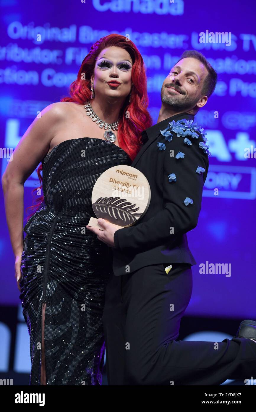 Nicky Doll und Tyler Kyte nehmen an den Diversify TV Awards während des MIPCOM Cannes 2024 Teil. Stockfoto