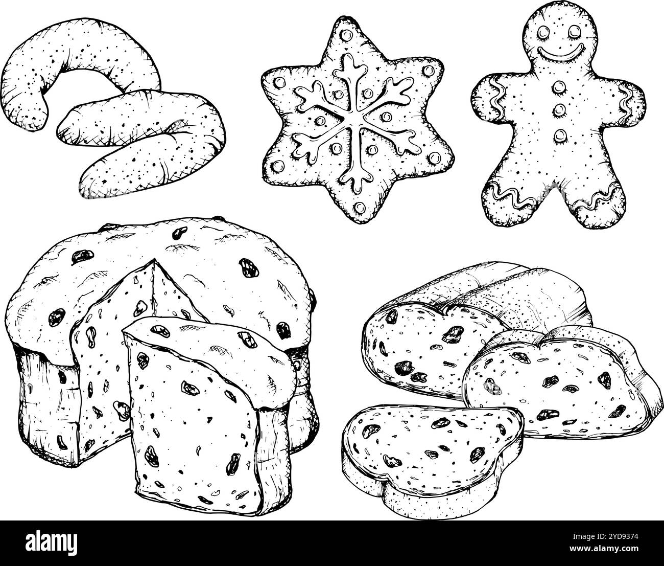 Vektor Hand gezeichnete Tinte Illustration Set von traditionellen Weihnachten europäischen Gebäck: Panettone, Vanillekipferl, Lebkuchenmann, glasierte Kekse, Stollen Stock Vektor