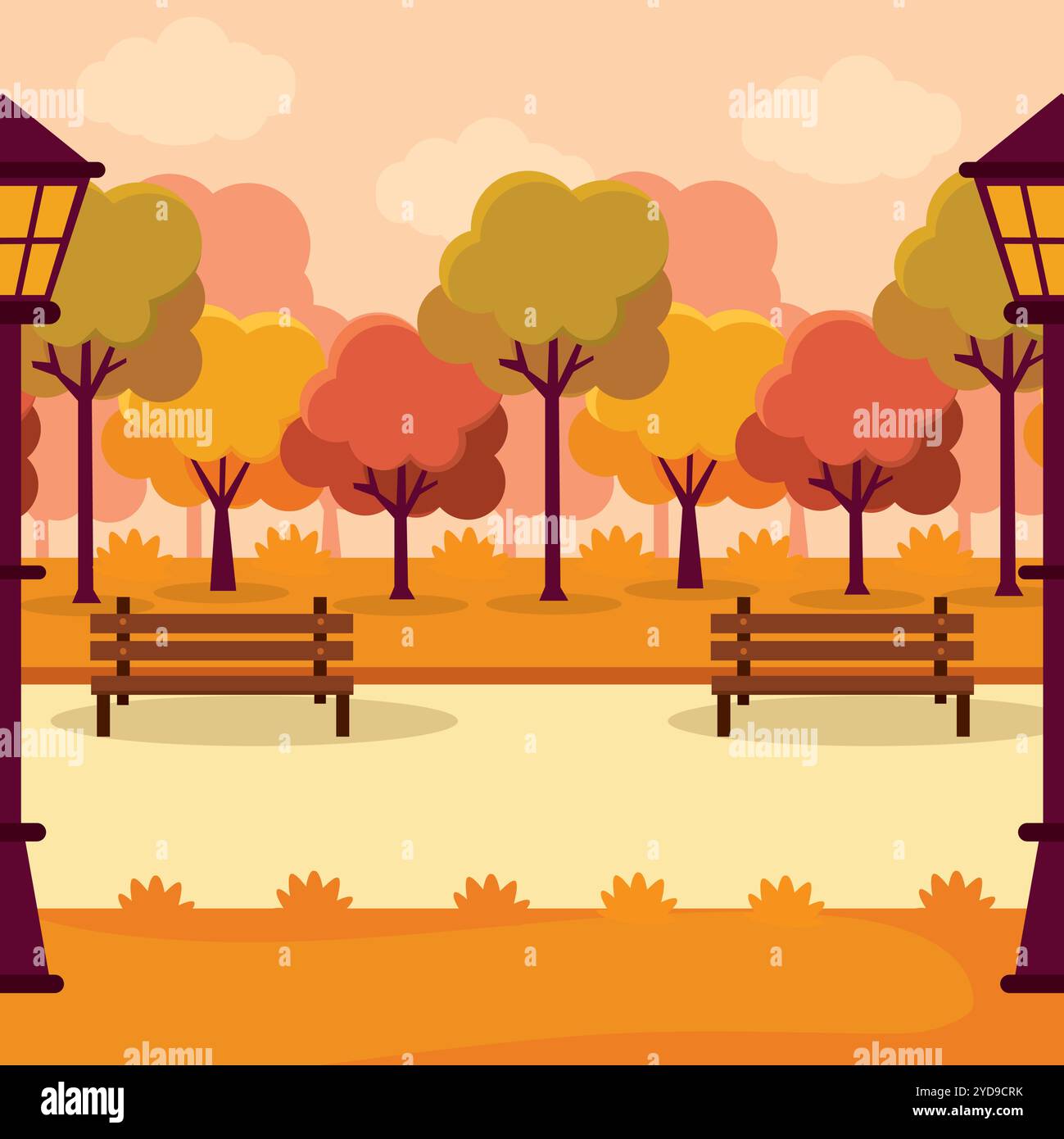 Herbstpark mit Bänken und Straßenlaternen, Vector Stock Vektor
