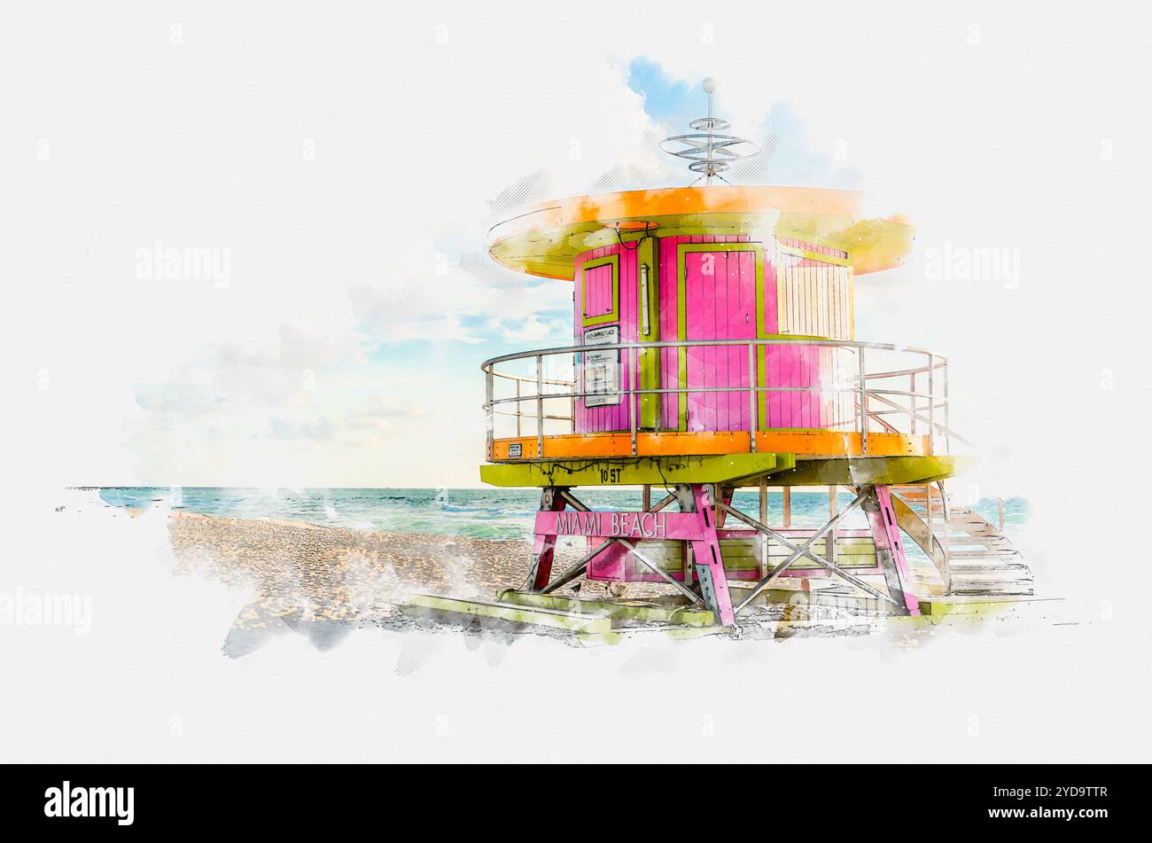 Aquarell-Malerei Illustration des Lifeguard-Turms in South Beach in Fort Lauderdale, Florida, USA Stockfoto