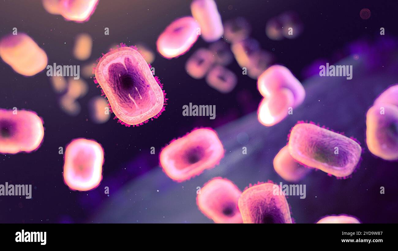 Extrazelluläre, ziegelförmige Mpockenvirione mit rosa Färbung. Die Hintergrundbeleuchtung zeigt die Oberflächenmembranen der Virionen und die Konturen der Nukleokapside. Mpox Virus 016867_386 Stockfoto