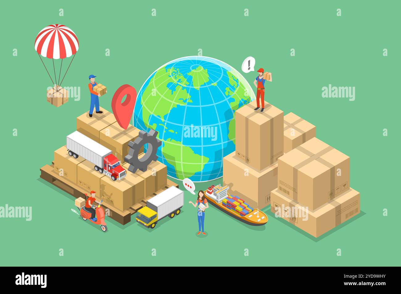 3D Isometric Flat Conceptual Illustration of Global Shipping, International Logistics Network 3D Isometric Flat Conceptual Abb. Stockfoto