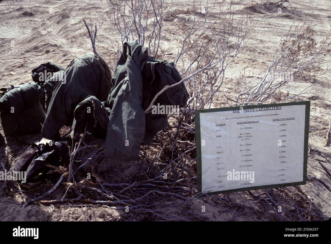 Fort Irwin, CA. USA. Mai 1991. Das Fort Irwin National Training Center (Fort Irwin NTC) ist ein wichtiges Trainingsgebiet für das US-Militär in der Mojave-Wüste im Norden des San Bernardino County, Kalifornien. Fort Irwin liegt auf einer durchschnittlichen Höhe von 2.454 ft (748 m) und liegt 37 mi (60 km) nordöstlich von Barstow in den Calico Mountains. Das National Training Center ist Teil des US Army Forces Command (FORSCOM). Die gegnerische Streitmacht im National Training Center ist das 11. Gepanzerte Kavallerie-Regiment, die Blackhorse Cavalry, die auf der Basis stationiert sind, um eine gegnerische Streitmacht zu bilden Stockfoto