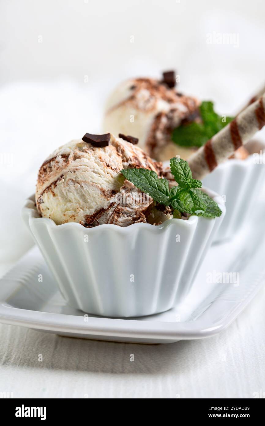 Schokoladen-Vanilleeis mit Schokoladenchips. Stockfoto