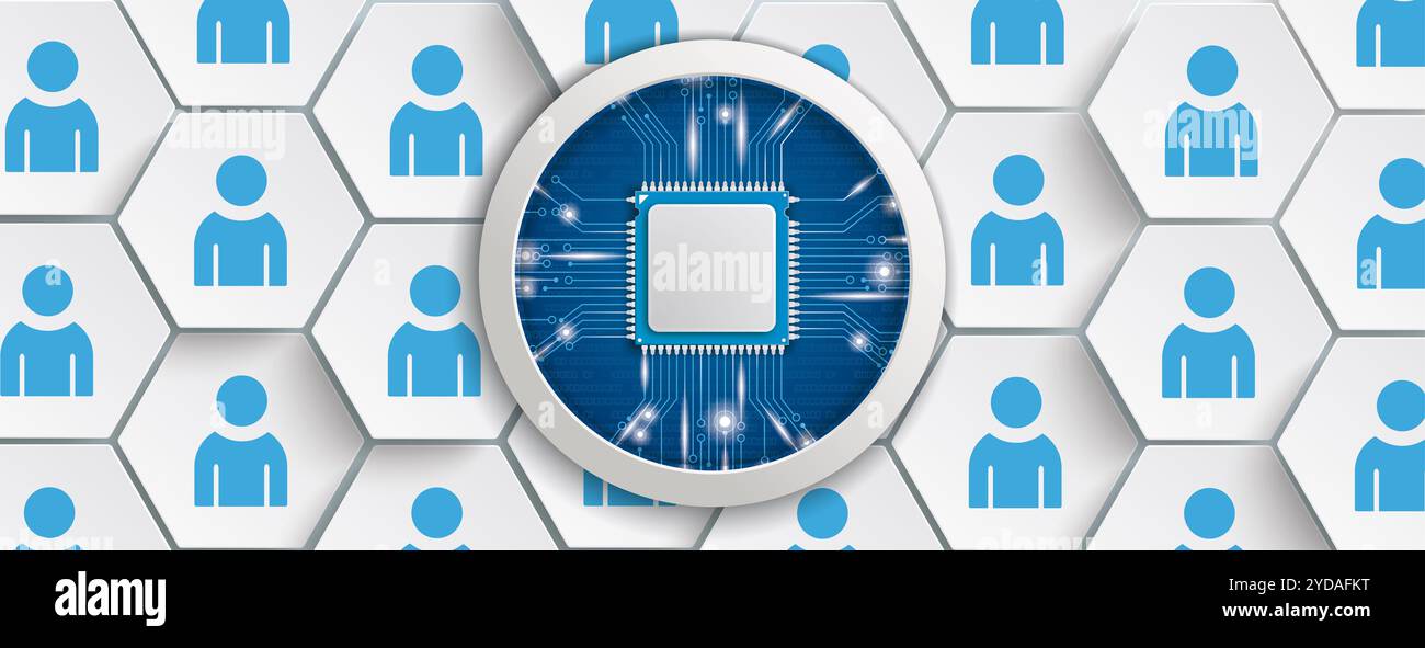 Sechseckige Struktur mit Menschen und Mikrochip auf grauem Hintergrund. EPS 10-Vektordatei. Stockfoto