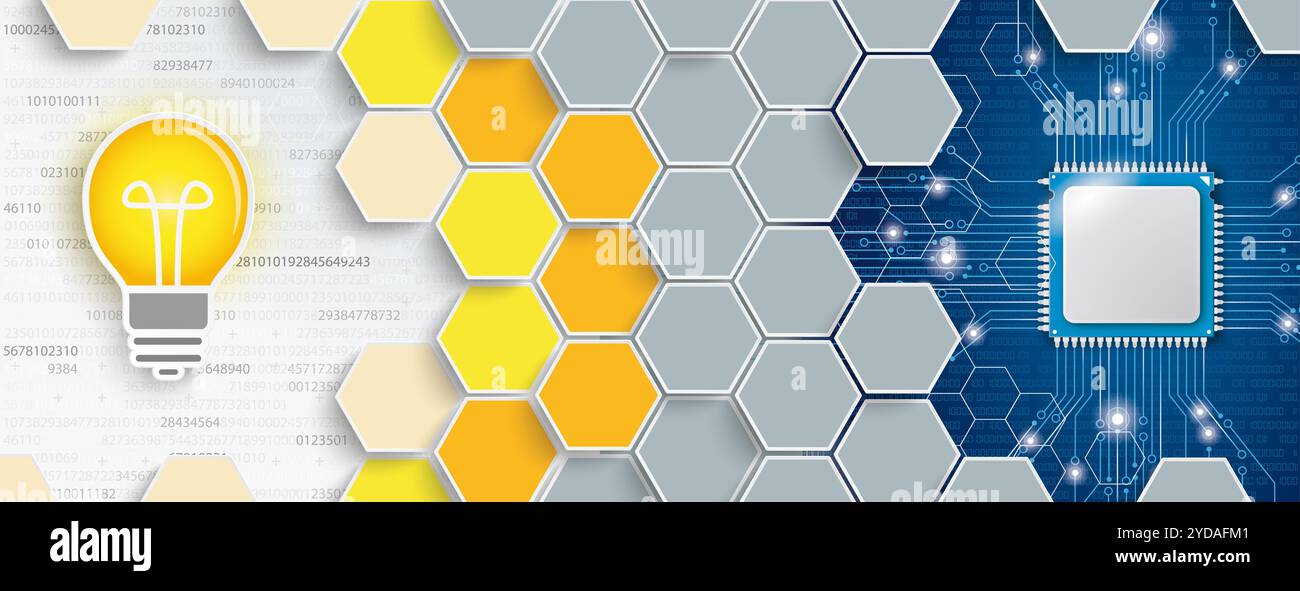 Sechseckige Struktur mit Glühlampe und Mikrochip auf grauem und blauem Hintergrund. EPS 10-Vektordatei. Stockfoto