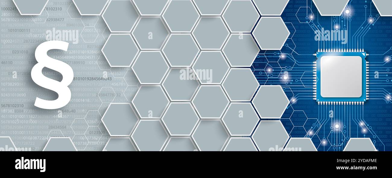 Sechseckige Struktur mit weißem Absatz und Mikrochip auf grauem und blauem Hintergrund. EPS 10-Vektordatei. Stockfoto