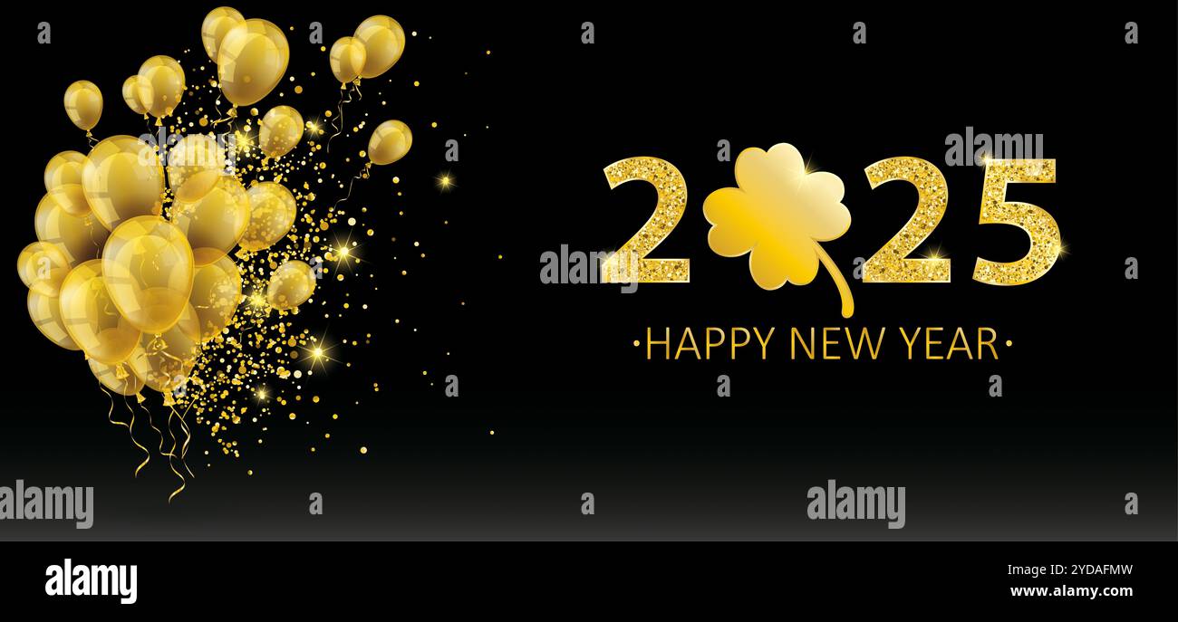 Goldene Ballons mit dem Text Happy New Year 2025. EPS 10-Vektordatei. Stockfoto