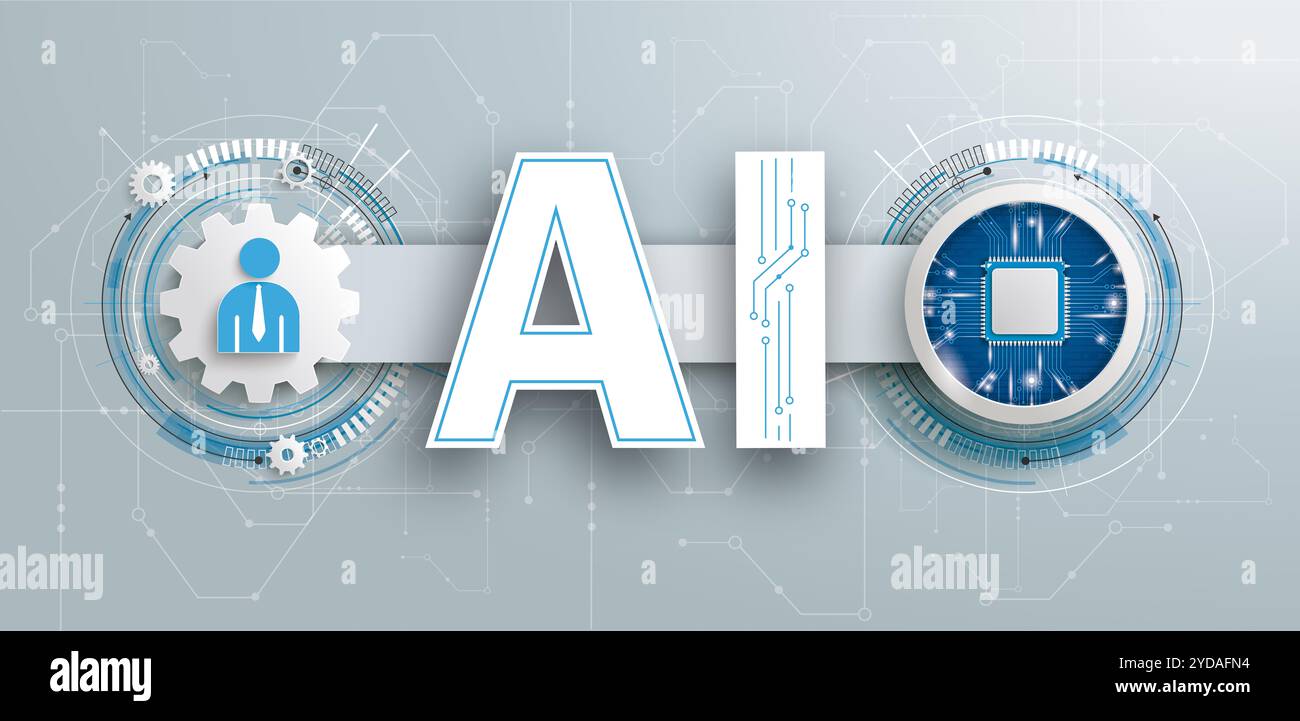 Mensch mit Mikrochip und elektronischem Schaltplan mit Banner auf grauem Hintergrund. EPS 10-Vektordatei. Stockfoto