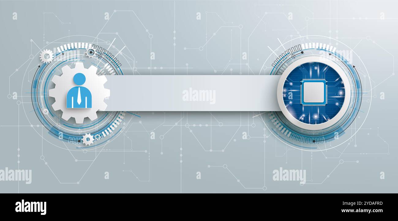 Mensch mit Mikrochip und elektronischem Schaltplan mit Banner auf grauem Hintergrund. EPS 10-Vektordatei. Stockfoto