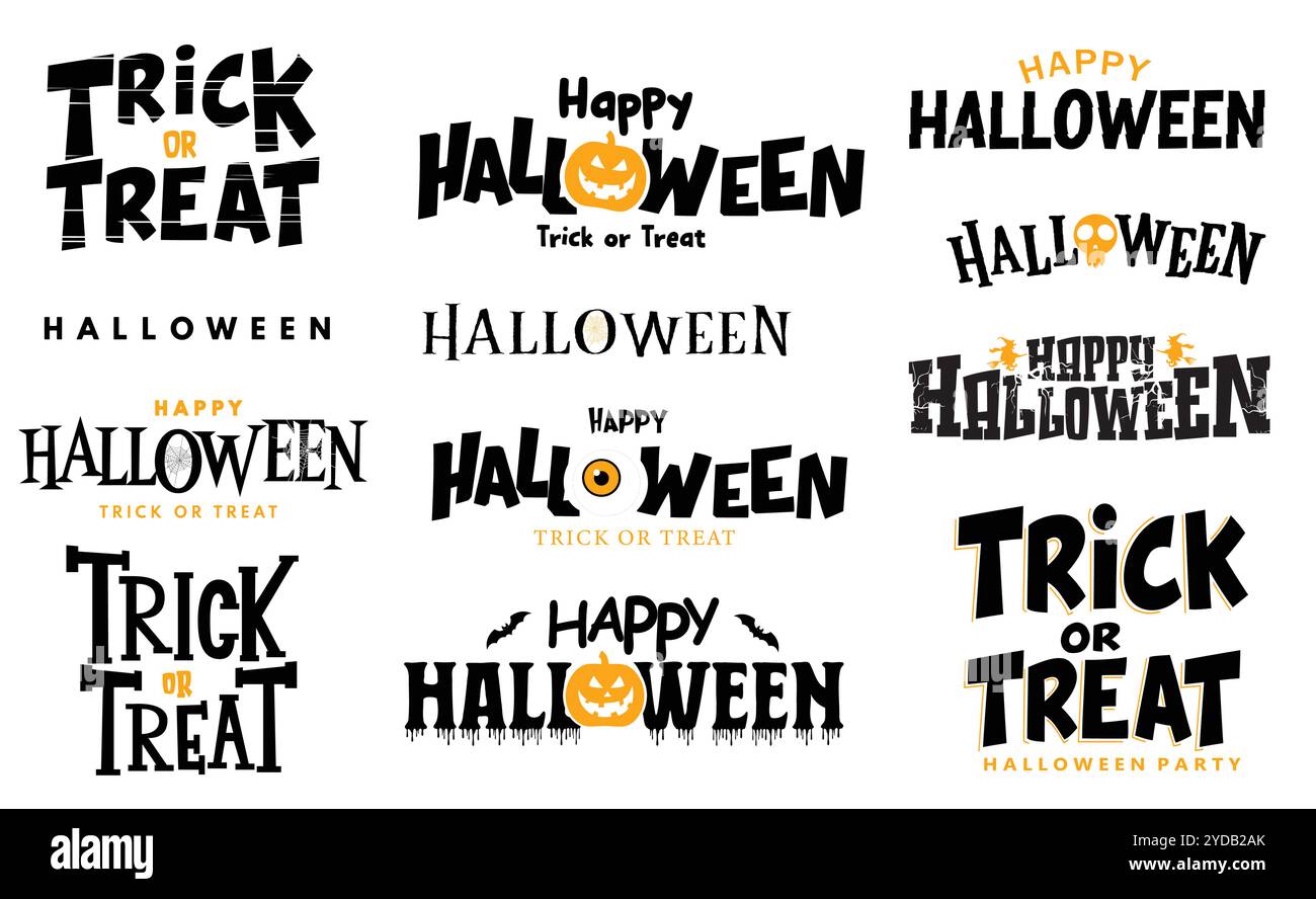 Halloween Text Vektor Set Design. Halloween Trick or Treat Briefe, Schriften, Schriften und Typografie Sammlung in weißem isoliertem Hintergrund. Vektor Stock Vektor