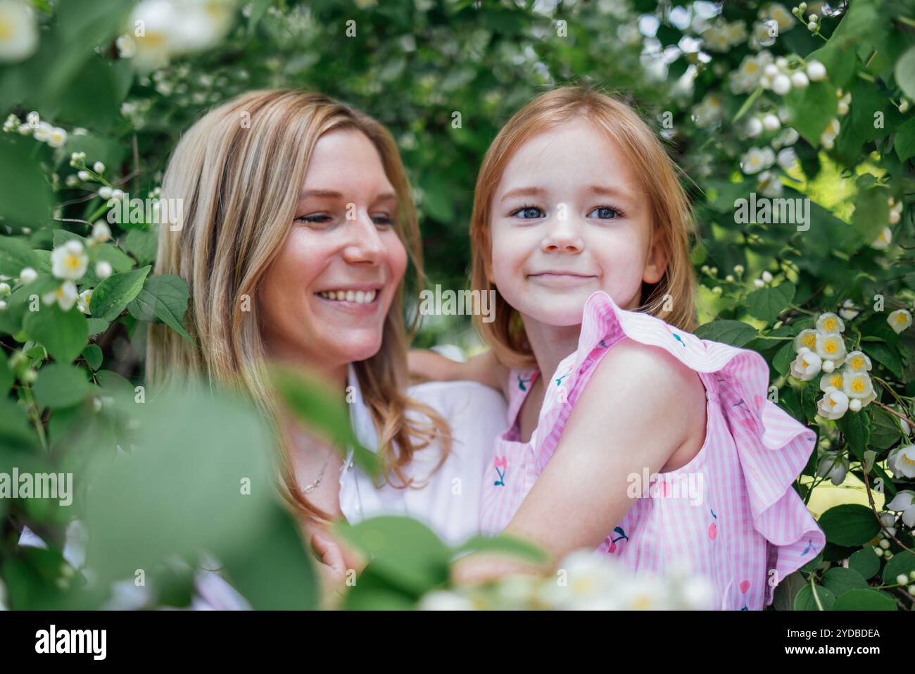 Lachende süße kleine Mädchen und entzückende Mutter zusammen in Jasminblumen. Stockfoto