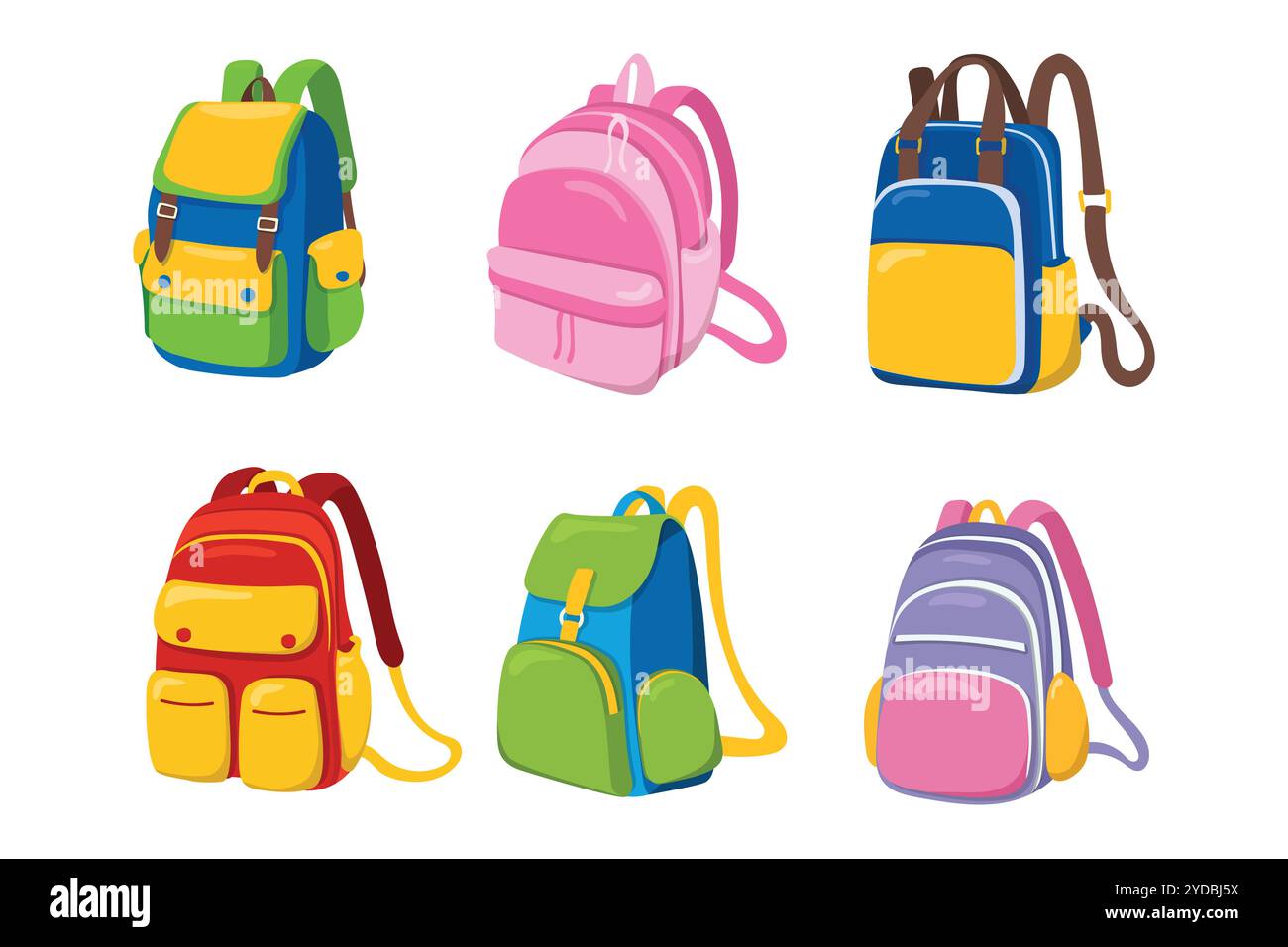 Sechs Cartoon-Rucksäcke in verschiedenen Farben, mit Taschen und Trägern. Stock Vektor