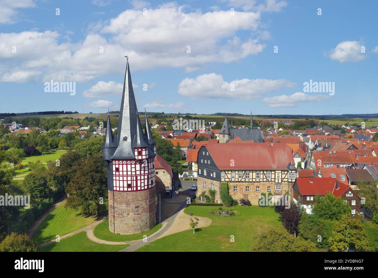 Aus der Vogelperspektive, Junker Hansen Tower, befestigter Wehrturm, Wohnturm, größtes Fachwerkrundgebäude der Welt, Höhe 51 m, bui Stockfoto