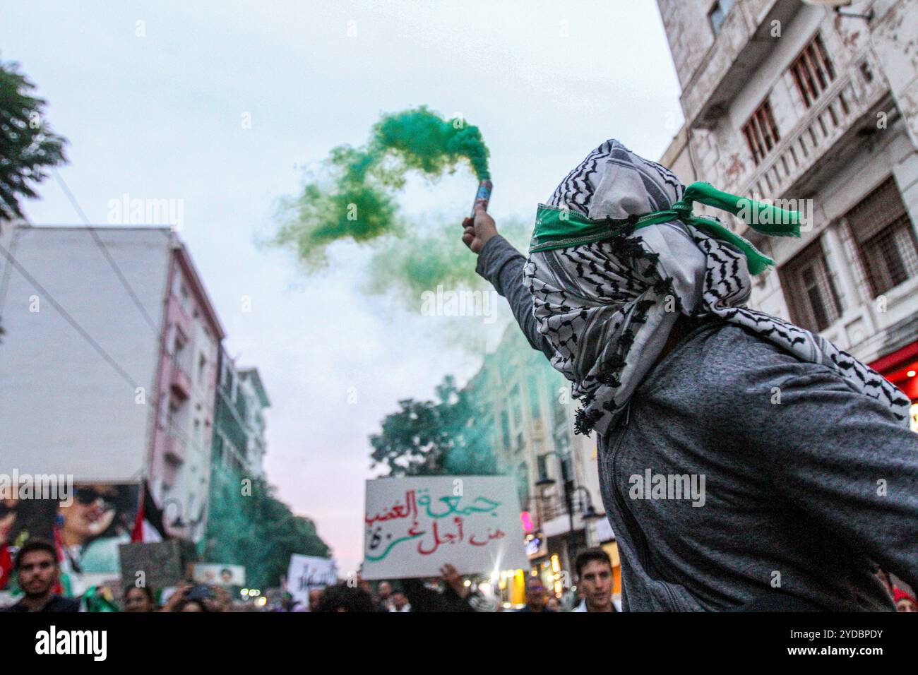 Tunis, Tunesien. 25. Oktober 2024. Demonstranten kommen in Zentral-Tunis zusammen, um die laufenden israelischen Bombardements auf Gaza und den Libanon sowie die Ermordung Israels an Hamas und Hisbollah-Führern zu verurteilen. Die Teilnehmer brachten Bilder des Hamas-Führers Yahya Sinwar, des Hisbollah-Generalsekretärs Hassan Nasrallah und des hochrangigen Hisbollah-Beamten Hashem Safieddine vor, die alle kürzlich von Israel getötet wurden Stockfoto