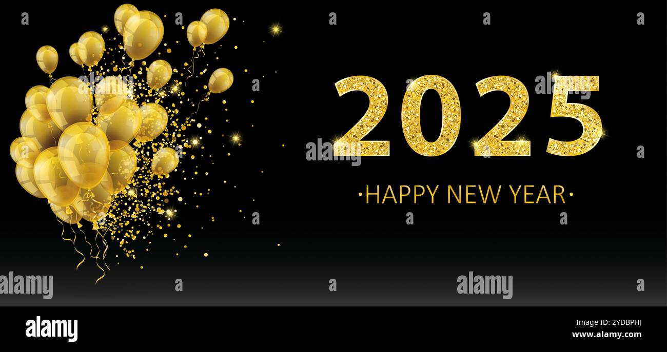 Goldene Ballons und goldene Partikel auf schwarzem Hintergrund für das neue Jahr 2025. EPS 10-Vektordatei. Stockfoto