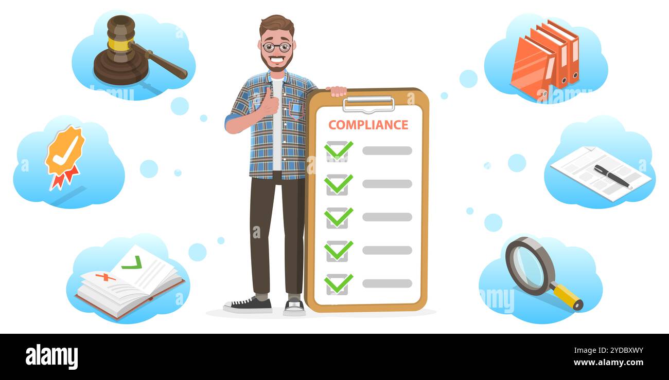 3D Isometrische flache konzeptionelle Darstellung der Einhaltung gesetzlicher Vorschriften, Richtlinien und Vorschriften. 3D Isometrische Flachkonzeption, Abb. Stockfoto