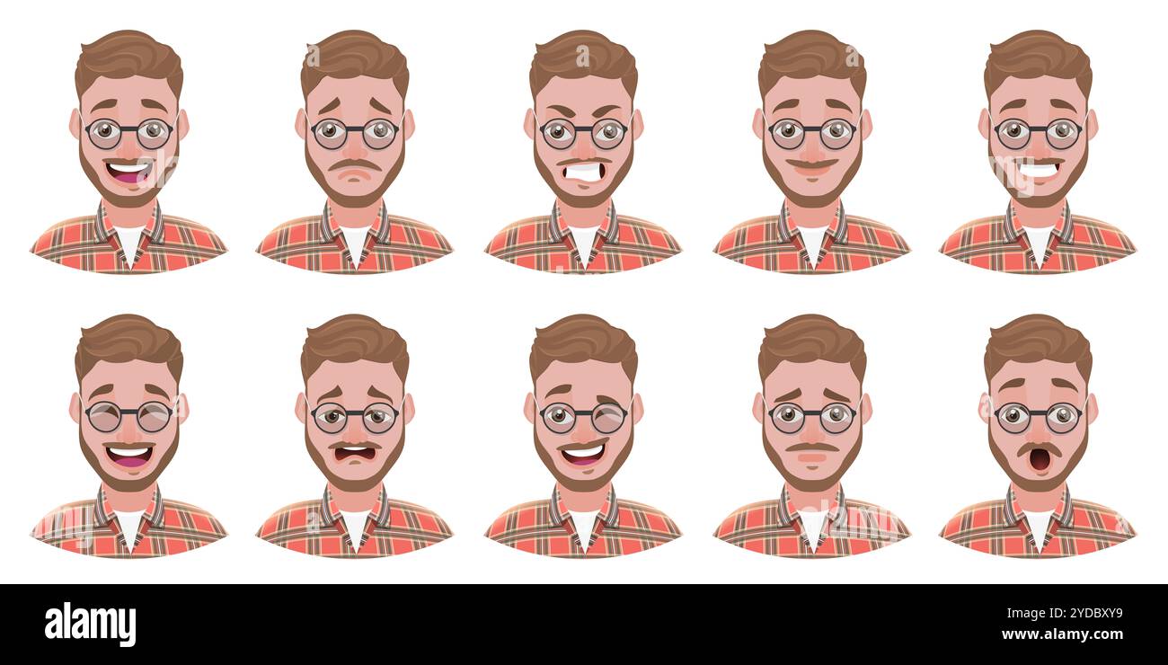 Flache Illustration eines hübschen bärtigen Mannes, Emoji-Charakter mit Satz Gesichtsausdrücke. Flache Illustration eines schönen Barts Stockfoto