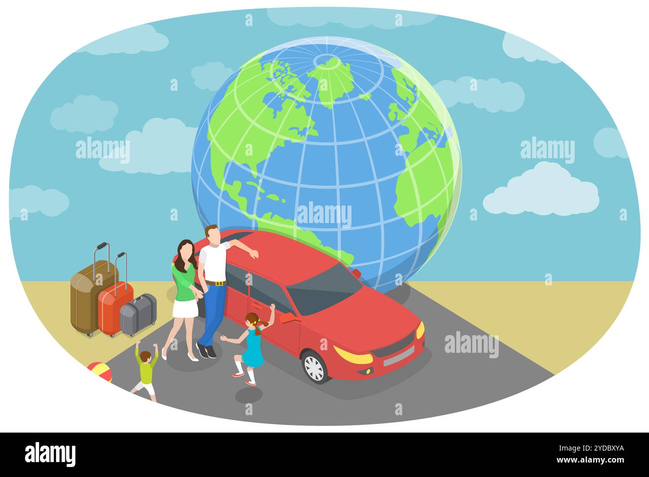 3D Isometrische flache konzeptionelle Illustration eines Familienausflugs mit dem Auto, glückliche Familie im Urlaub. 3D Isometrisches flaches konzeptionelles Illustrat Stockfoto