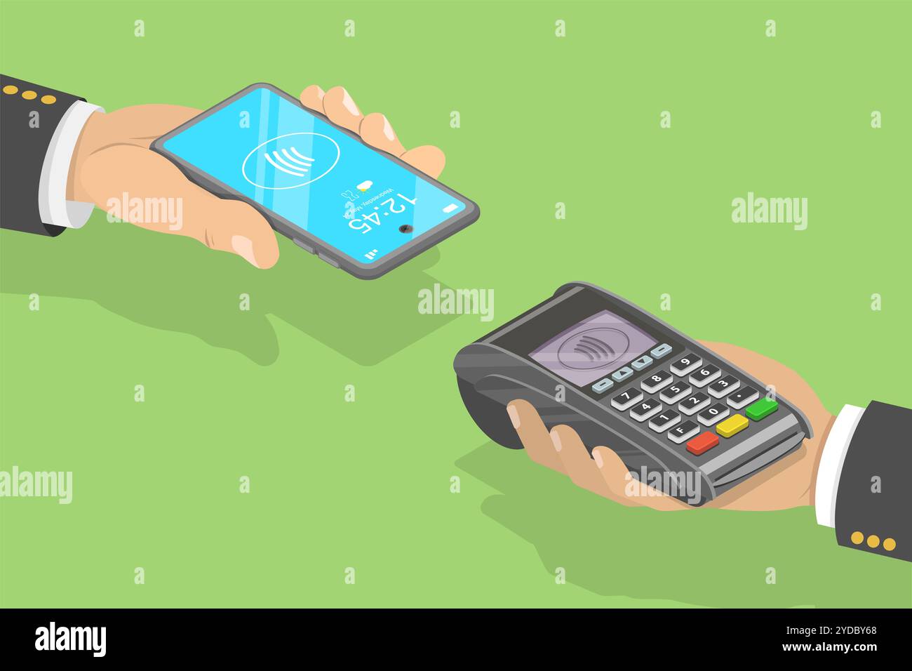 3D Isometrisches flaches Konzept für kontaktloses sicheres Bezahlen mit Smartphone, NFC-Technologie. 3D Isometrisches flaches Kontaktkonzept Stockfoto