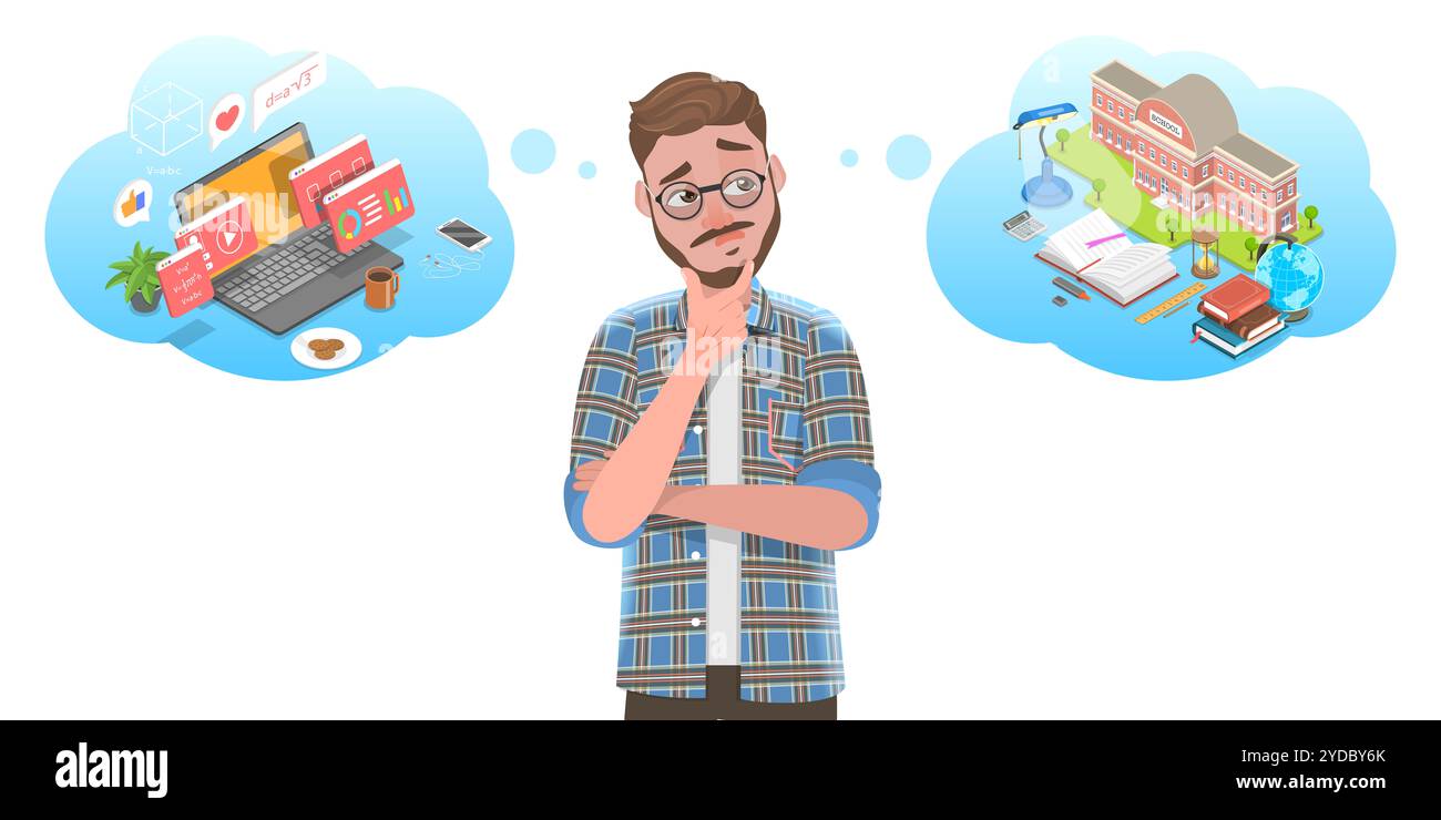 3D Isometrische flache konzeptionelle Darstellung von Online-Lernen vs. Offline-Lernen, man ist Thikning welche Art von Lernen zu Choo Stockfoto