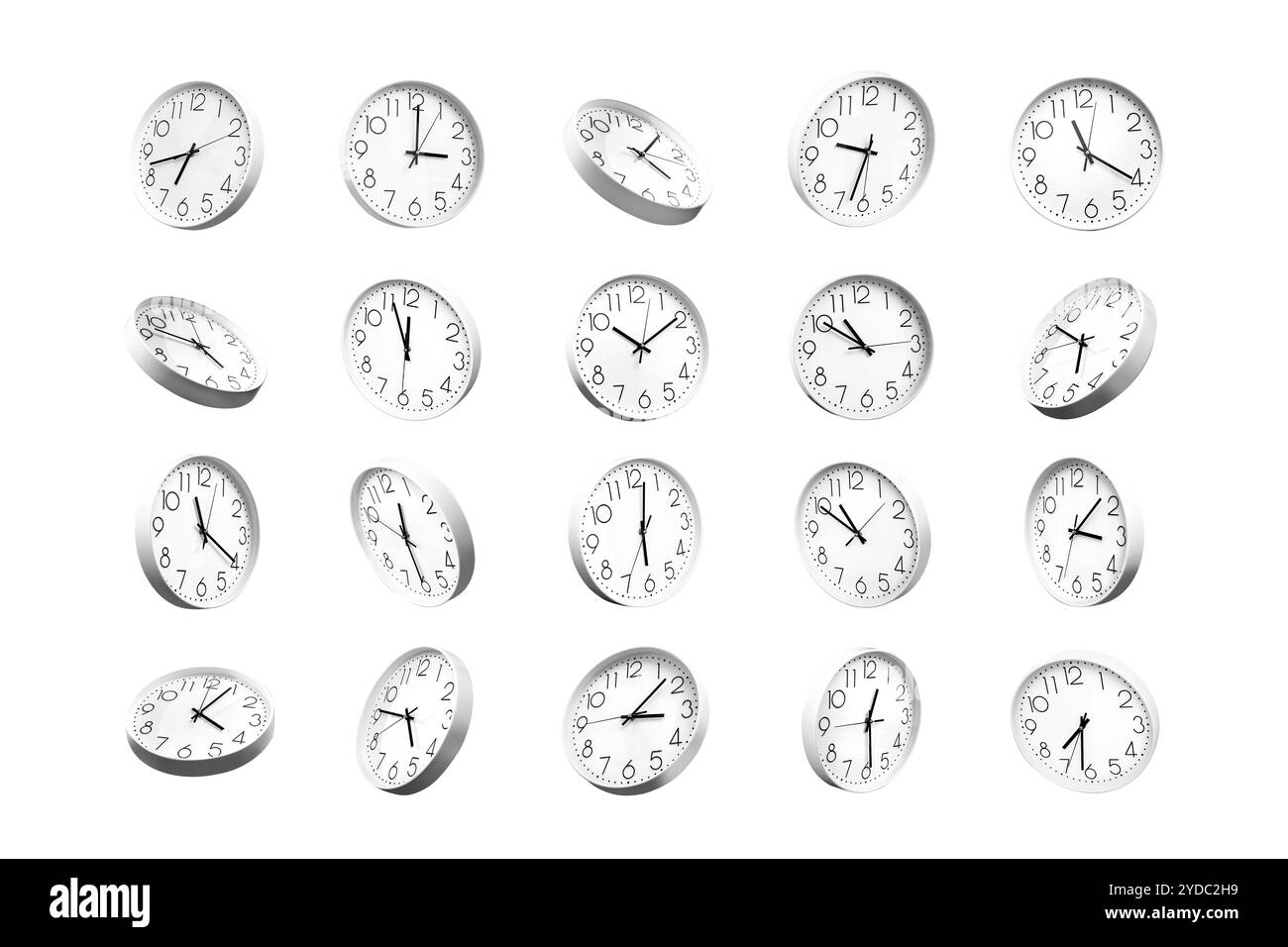 Satz weißer analoger Uhren mit verschiedenen Winkeln und Uhrzeiten Stockfoto